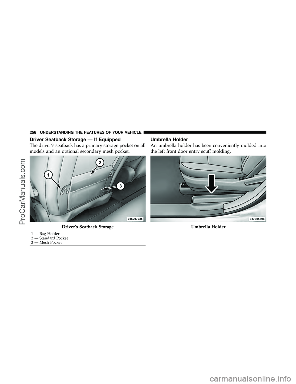 DODGE CARAVAN 2012  Owners Manual Driver Seatback Storage — If Equipped
The driver’s seatback has a primary storage pocket on all
models and an optional secondary mesh pocket.
Umbrella Holder
An umbrella holder has been convenient