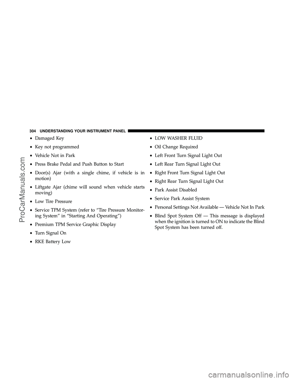 DODGE CARAVAN 2012 Owners Manual •Damaged Key
•Key not programmed
•Vehicle Not in Park
•Press Brake Pedal and Push Button to Start
•Door(s) Ajar (with a single chime, if vehicle is in
motion)
•Liftgate Ajar (chime will so
