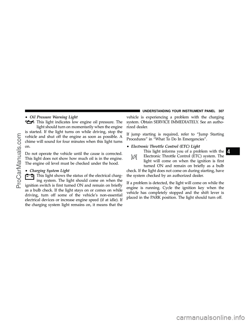 DODGE CARAVAN 2012  Owners Manual •Oil Pressure Warning LightThis light indicates low engine oil pressure. The
light should turn on momentarily when the engine
is started. If the light turns on while driving, stop the
vehicle and sh