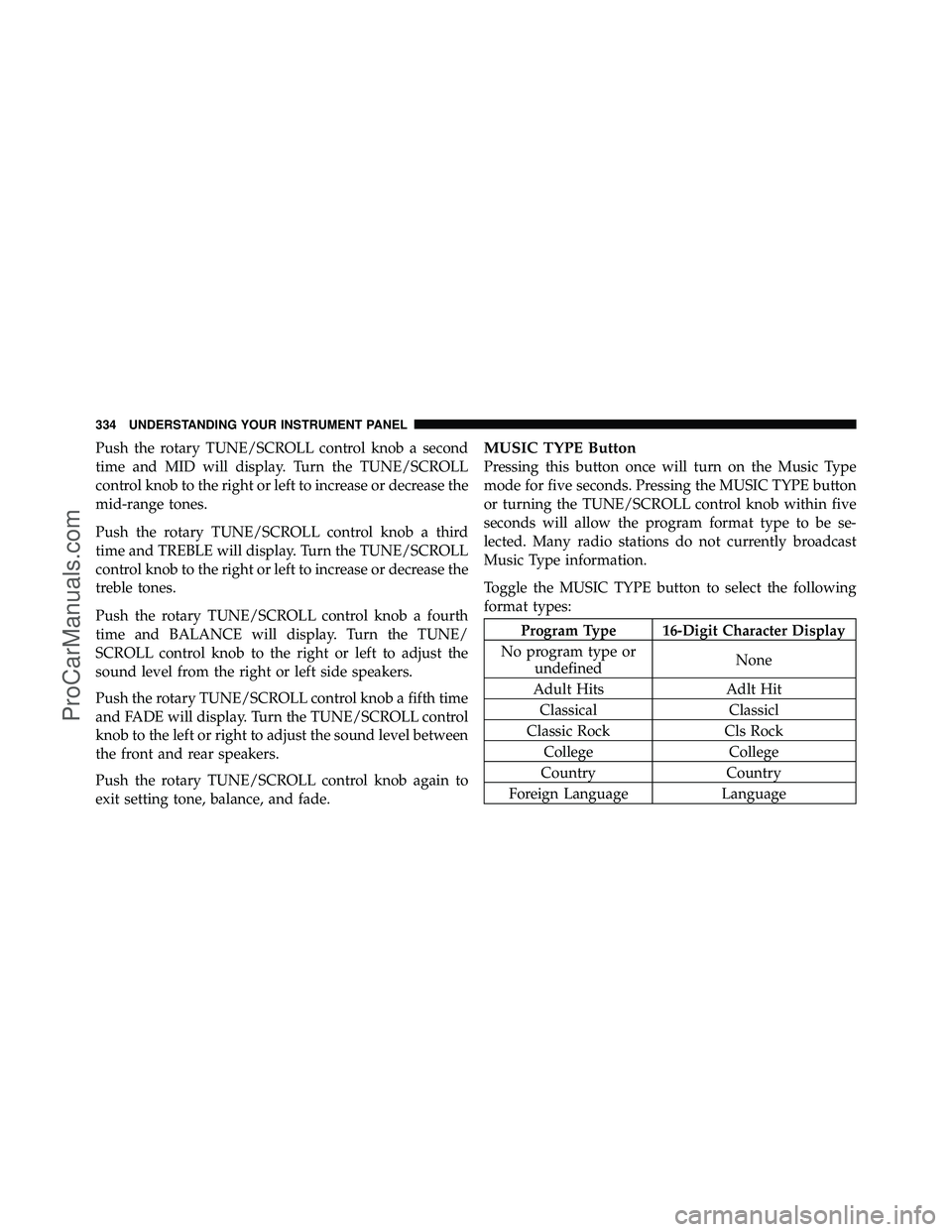 DODGE CARAVAN 2012  Owners Manual Push the rotary TUNE/SCROLL control knob a second
time and MID will display. Turn the TUNE/SCROLL
control knob to the right or left to increase or decrease the
mid-range tones.
Push the rotary TUNE/SC