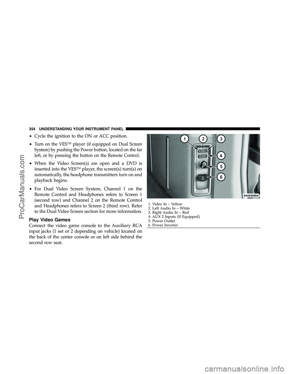 DODGE CARAVAN 2012  Owners Manual •Cycle the ignition to the ON or ACC position.
•Turn on the VES™ player (if equipped on Dual Screen
System) by pushing the Power button, located on the far
left, or by pressing the button on the