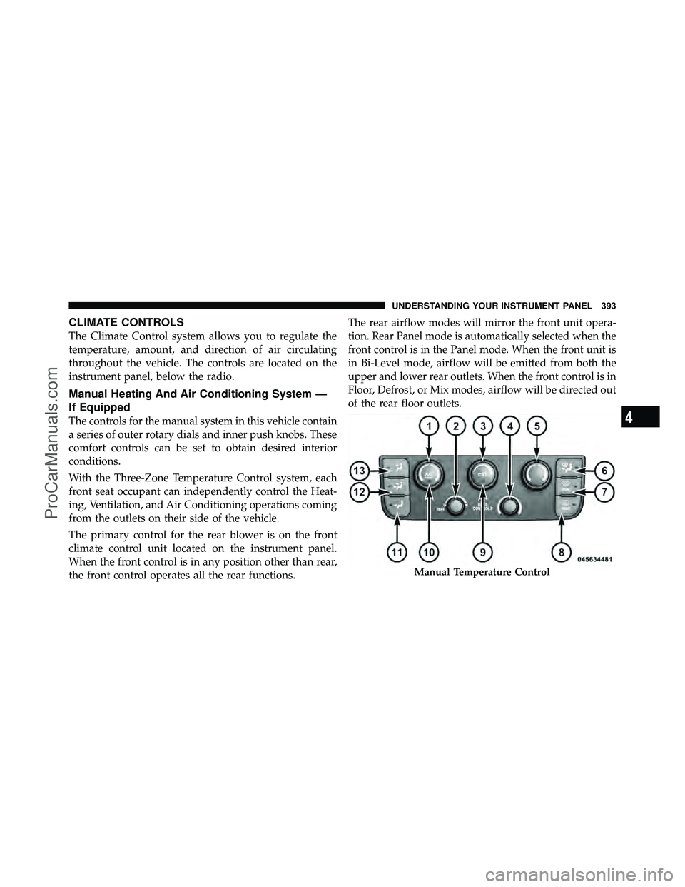 DODGE CARAVAN 2012  Owners Manual CLIMATE CONTROLS
The Climate Control system allows you to regulate the
temperature, amount, and direction of air circulating
throughout the vehicle. The controls are located on the
instrument panel, b