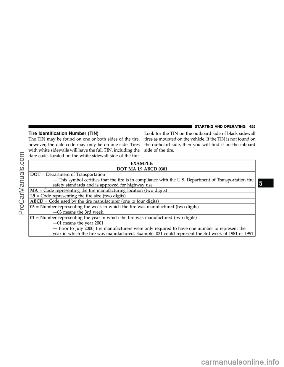 DODGE CARAVAN 2012 Owners Manual Tire Identification Number (TIN)
The TIN may be found on one or both sides of the tire,
however, the date code may only be on one side. Tires
with white sidewalls will have the full TIN, including the DODGE CARAVAN 2012 Owners Manual Tire Identification Number (TIN)
The TIN may be found on one or both sides of the tire,
however, the date code may only be on one side. Tires
with white sidewalls will have the full TIN, including the