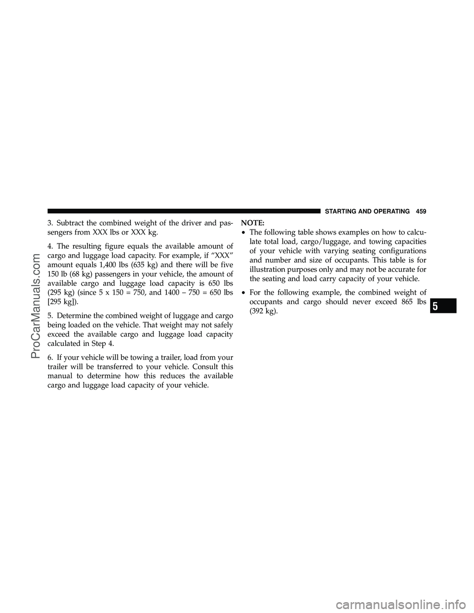 DODGE CARAVAN 2012 Owners Manual 3. Subtract the combined weight of the driver and pas-
sengers from XXX lbs or XXX kg.
4. The resulting figure equals the available amount of
cargo and luggage load capacity. For example, if “XXX” DODGE CARAVAN 2012 Owners Manual 3. Subtract the combined weight of the driver and pas-
sengers from XXX lbs or XXX kg.
4. The resulting figure equals the available amount of
cargo and luggage load capacity. For example, if “XXX”