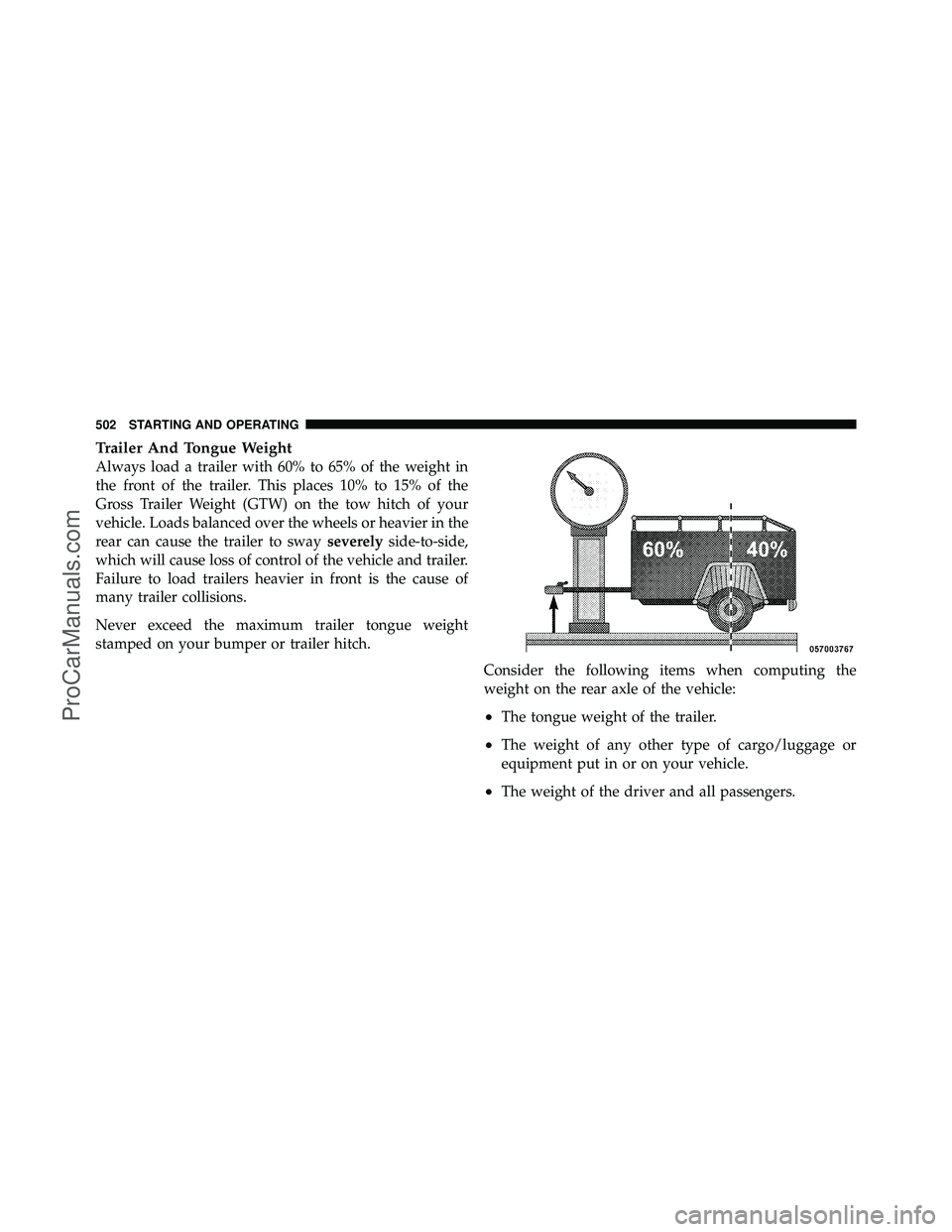 DODGE CARAVAN 2012 Owners Manual Trailer And Tongue Weight
Always load a trailer with 60% to 65% of the weight in
the front of the trailer. This places 10% to 15% of the
Gross Trailer Weight (GTW) on the tow hitch of your
vehicle. Lo DODGE CARAVAN 2012 Owners Manual Trailer And Tongue Weight
Always load a trailer with 60% to 65% of the weight in
the front of the trailer. This places 10% to 15% of the
Gross Trailer Weight (GTW) on the tow hitch of your
vehicle. Lo