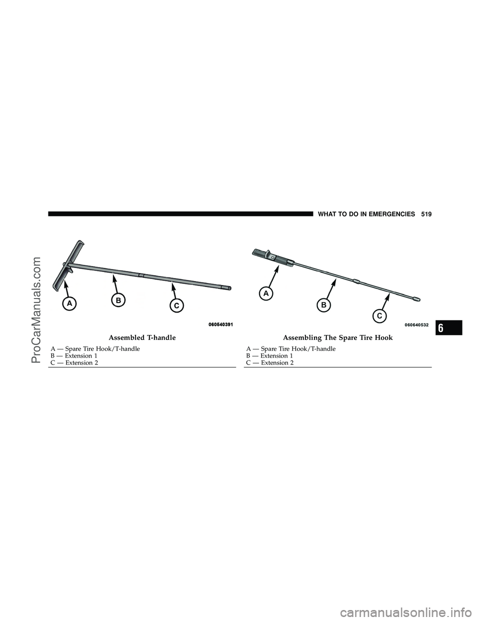 DODGE CARAVAN 2012  Owners Manual Assembled T-handle
A — Spare Tire Hook/T-handle
B — Extension 1
C — Extension 2
Assembling The Spare Tire Hook
A — Spare Tire Hook/T-handle
B — Extension 1
C — Extension 2
6
WHAT TO DO IN 