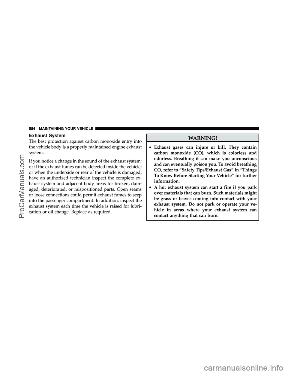 DODGE CARAVAN 2012  Owners Manual Exhaust System
The best protection against carbon monoxide entry into
the vehicle body is a properly maintained engine exhaust
system.
If you notice a change in the sound of the exhaust system;
or if 