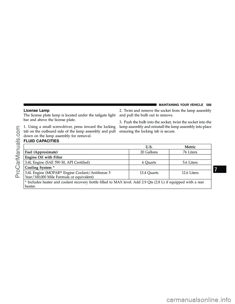 DODGE CARAVAN 2012  Owners Manual License Lamp
The license plate lamp is located under the tailgate light
bar and above the license plate.
1. Using a small screwdriver, press inward the locking
tab on the outboard side of the lamp ass
