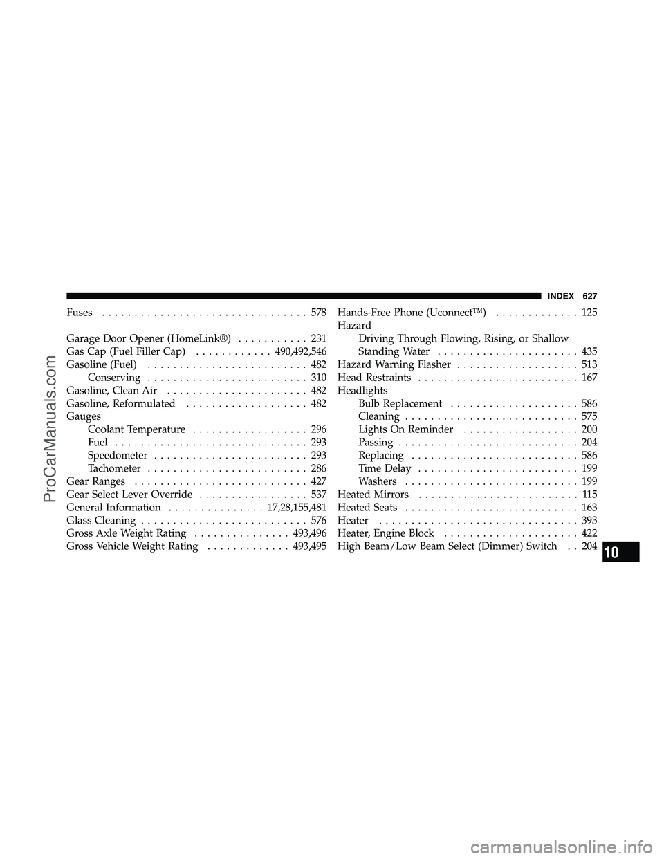 DODGE CARAVAN 2012 Owners Manual Fuses................................ 578
Garage Door Opener (HomeLink®) ........... 231
Gas Cap (Fuel Filler Cap) ............490,492,546
Gasoline (Fuel) ......................... 482
Conserving ... DODGE CARAVAN 2012 Owners Manual Fuses................................ 578
Garage Door Opener (HomeLink®) ........... 231
Gas Cap (Fuel Filler Cap) ............490,492,546
Gasoline (Fuel) ......................... 482
Conserving ...