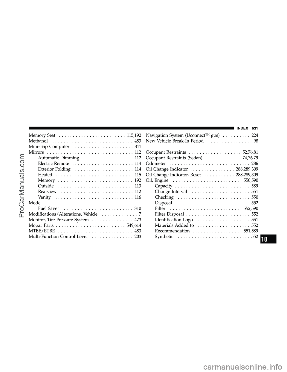 DODGE CARAVAN 2012 Repair Manual Memory Seat........................ 1 15,192
Methanol ............................. 483
Mini-Trip Computer ...................... 311
Mirrors ............................... 112
Automatic Dimming ....