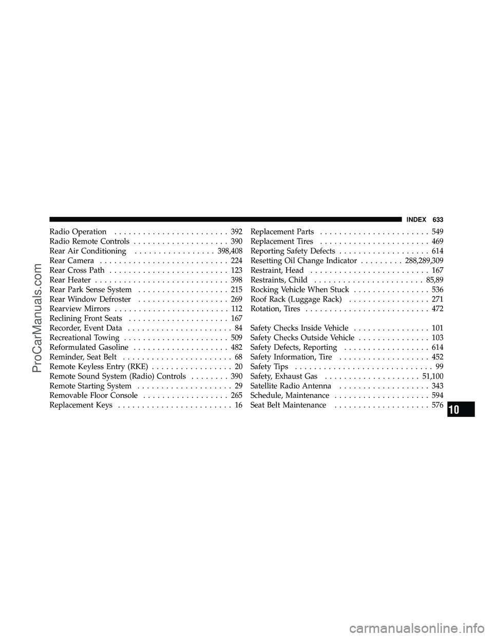 DODGE CARAVAN 2012 Repair Manual Radio Operation........................ 392
Radio Remote Controls .................... 390
Rear Air Conditioning .................398,408
Rear Camera ........................... 224
Rear Cross Path ..