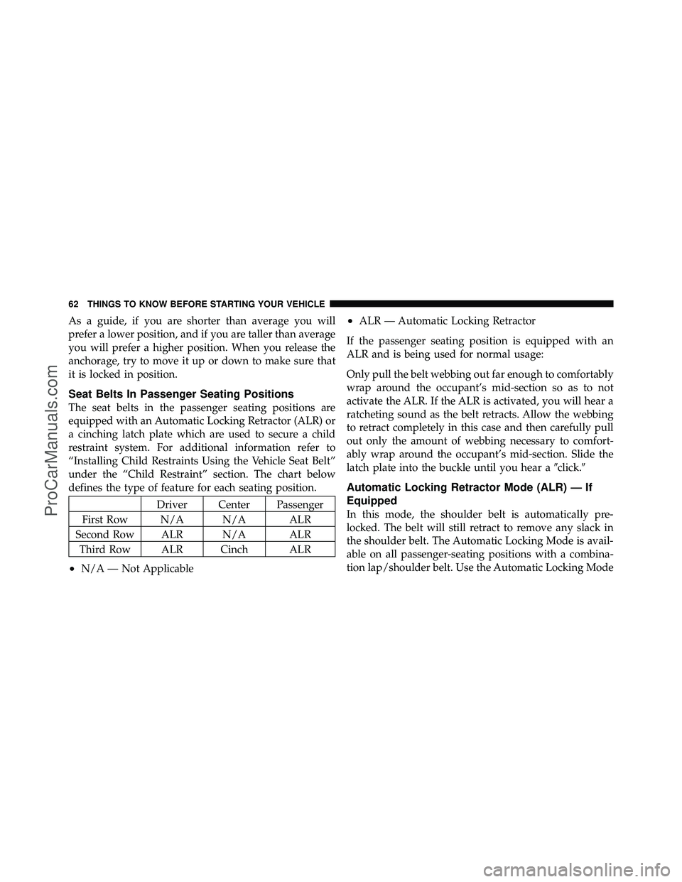 DODGE CARAVAN 2012 Repair Manual As a guide, if you are shorter than average you will
prefer a lower position, and if you are taller than average
you will prefer a higher position. When you release the
anchorage, try to move it up or DODGE CARAVAN 2012 Repair Manual As a guide, if you are shorter than average you will
prefer a lower position, and if you are taller than average
you will prefer a higher position. When you release the
anchorage, try to move it up or