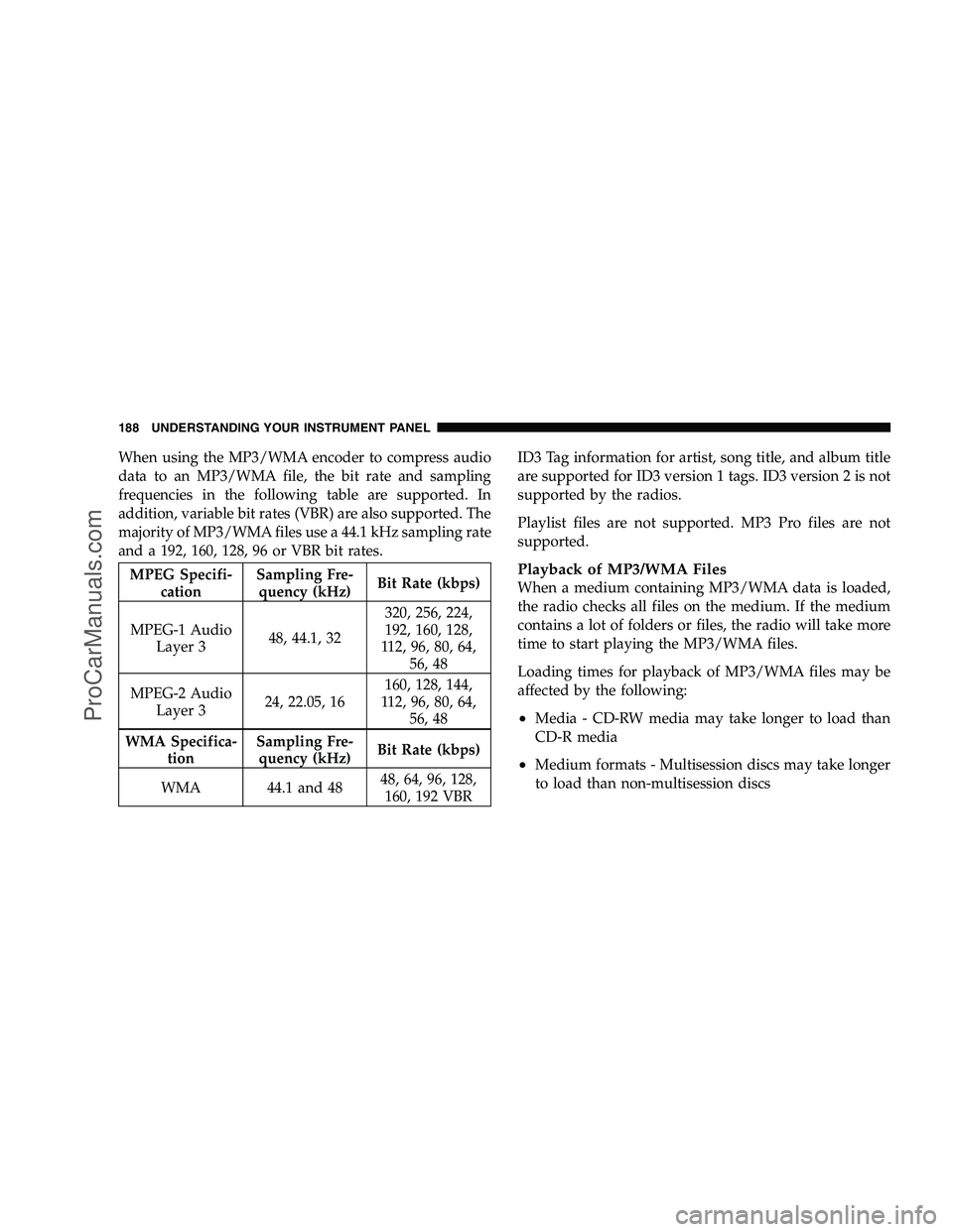 DODGE CHALLENGER 2008 Owners Manual When using the MP3/WMA encoder to compress audio
data to an MP3/WMA file, the bit rate and sampling
frequencies in the following table are supported. In
addition, variable bit rates (VBR) are also sup DODGE CHALLENGER 2008 Owners Manual When using the MP3/WMA encoder to compress audio
data to an MP3/WMA file, the bit rate and sampling
frequencies in the following table are supported. In
addition, variable bit rates (VBR) are also sup