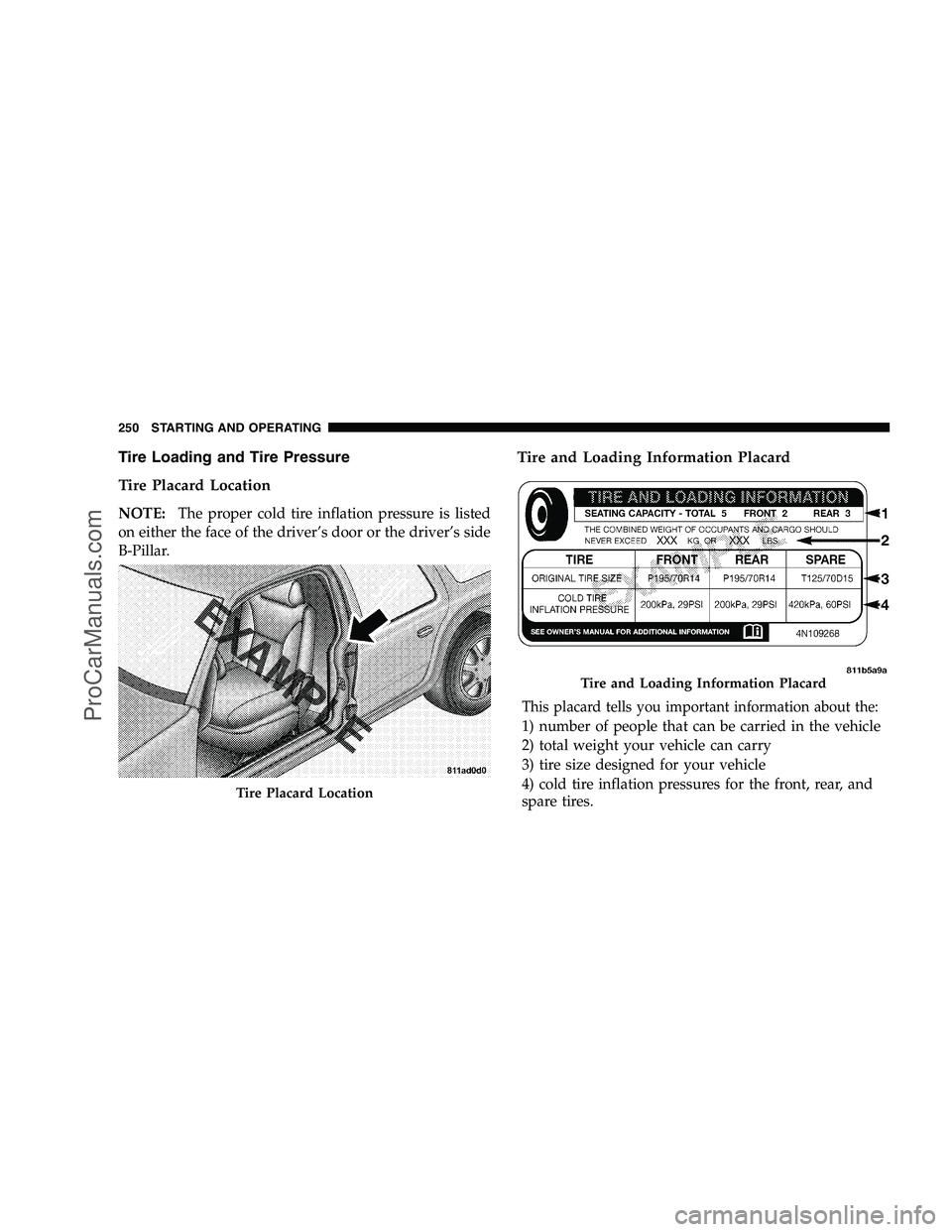 DODGE CHALLENGER 2008  Owners Manual Tire Loading and Tire Pressure
Tire Placard Location
NOTE:The proper cold tire inflation pressure is listed
on either the face of the driver’s door or the driver’s side
B-Pillar.
Tire and Loading 