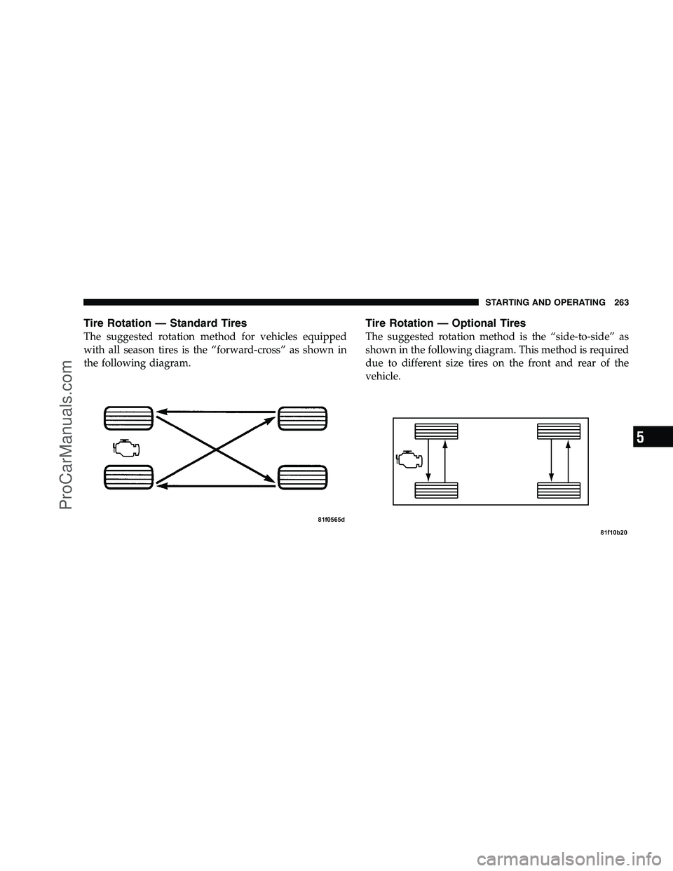 DODGE CHALLENGER 2008  Owners Manual Tire Rotation — Standard Tires
The suggested rotation method for vehicles equipped
with all season tires is the “forward-cross” as shown in
the following diagram.
Tire Rotation — Optional Tire