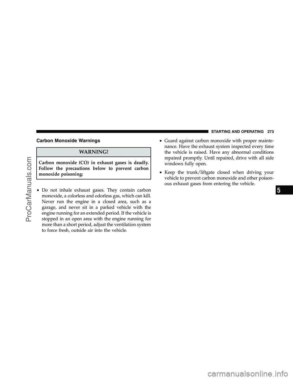 DODGE CHALLENGER 2008  Owners Manual Carbon Monoxide Warnings
WARNING!
Carbon monoxide (CO) in exhaust gases is deadly.
Follow the precautions below to prevent carbon
monoxide poisoning:
•Do not inhale exhaust gases. They contain carbo