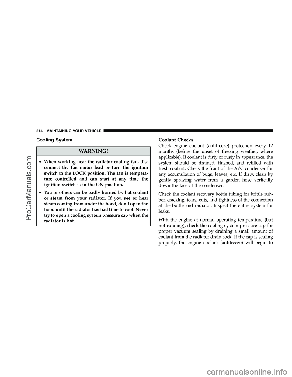 DODGE CHALLENGER 2008  Owners Manual Cooling System
WARNING!
•When working near the radiator cooling fan, dis-
connect the fan motor lead or turn the ignition
switch to the LOCK position. The fan is tempera-
ture controlled and can sta