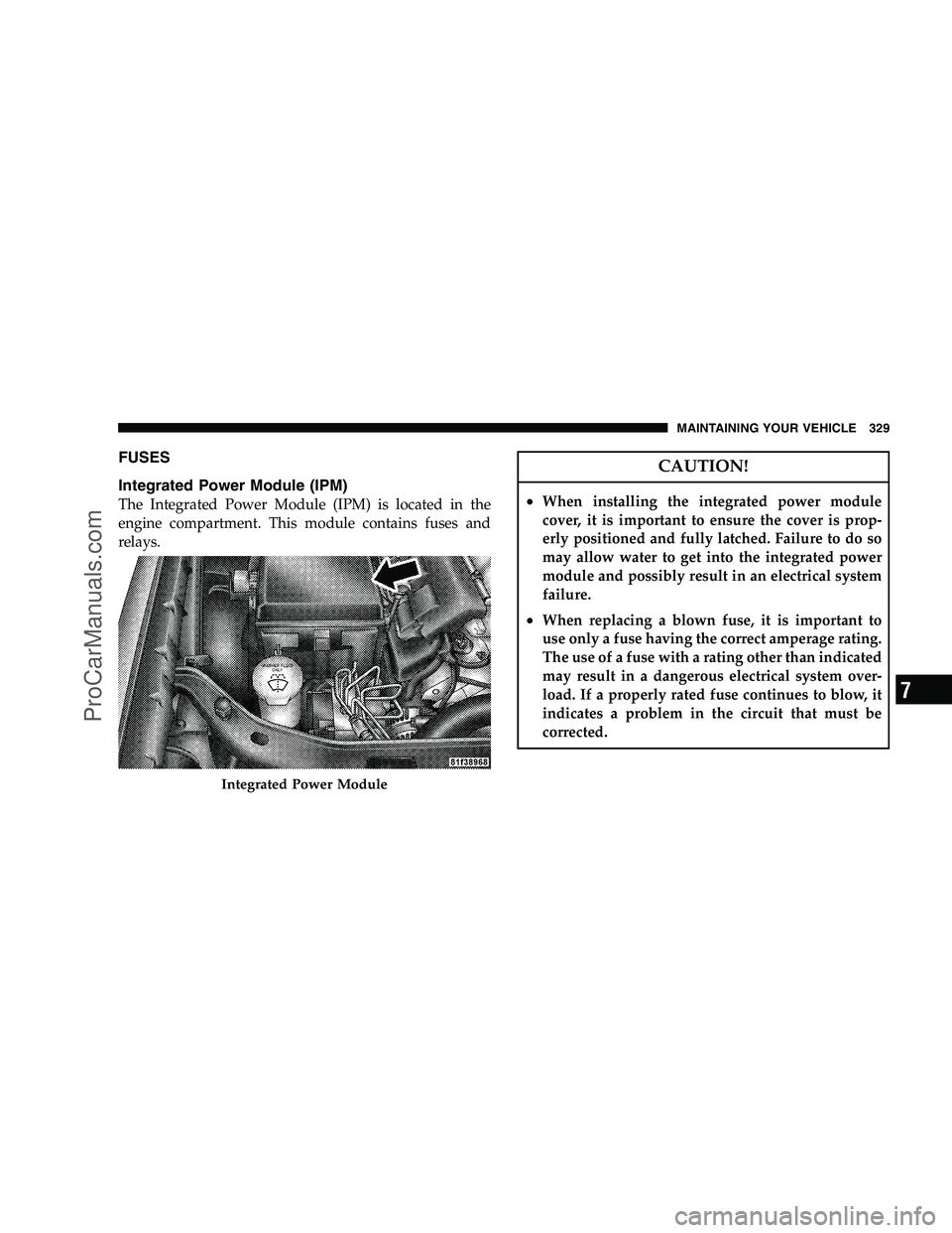 DODGE CHALLENGER 2008  Owners Manual FUSES
Integrated Power Module (IPM)
The Integrated Power Module (IPM) is located in the
engine compartment. This module contains fuses and
relays.
CAUTION!
•When installing the integrated power modu