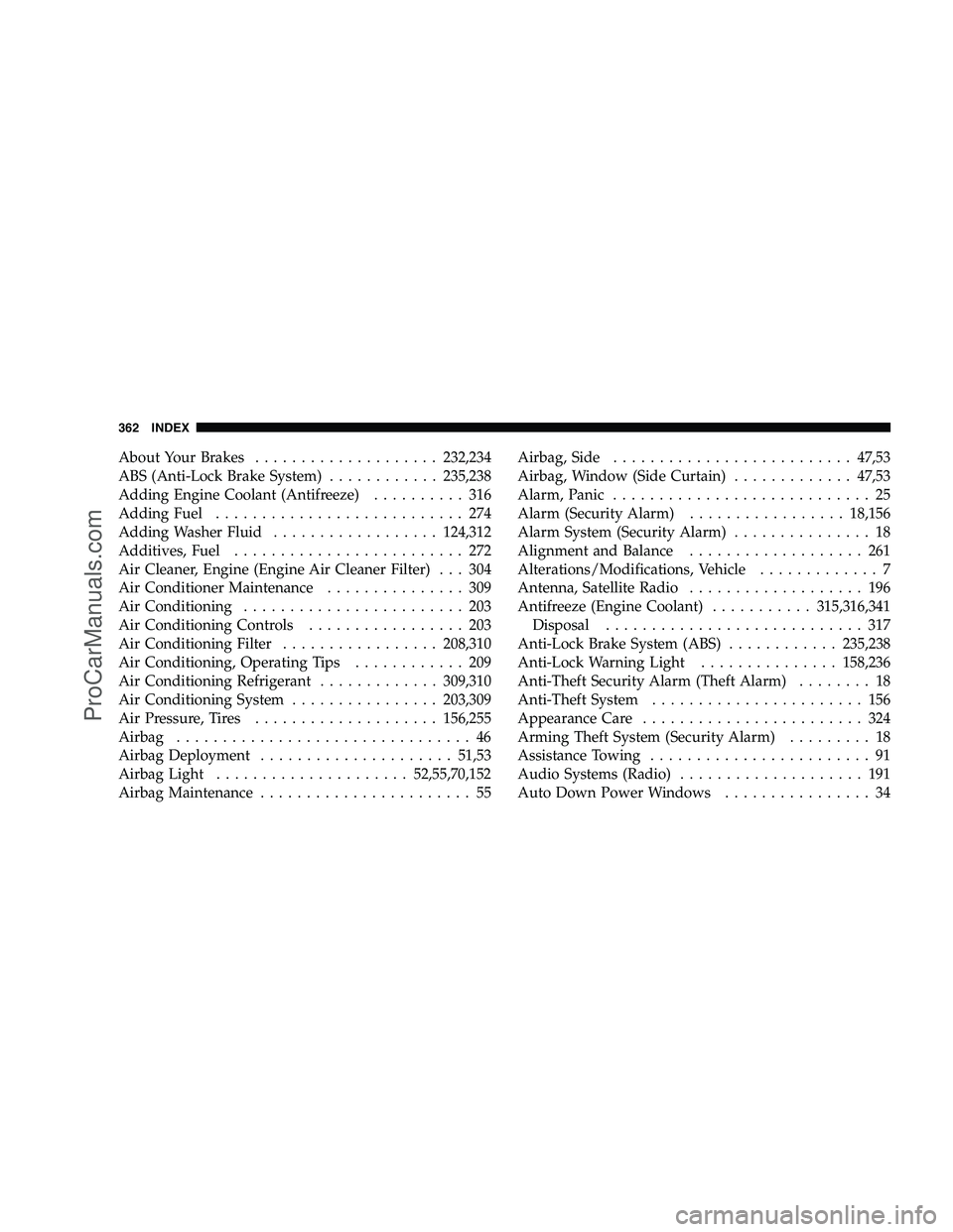 DODGE CHALLENGER 2008 Owners Manual About Your Brakes.................... 232,234
ABS (Anti-Lock Brake System) ............235,238
Adding Engine Coolant (Antifreeze) .......... 316
Adding Fuel ........................... 274
Adding Wash DODGE CHALLENGER 2008 Owners Manual About Your Brakes.................... 232,234
ABS (Anti-Lock Brake System) ............235,238
Adding Engine Coolant (Antifreeze) .......... 316
Adding Fuel ........................... 274
Adding Wash