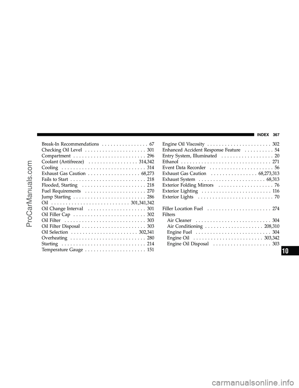 DODGE CHALLENGER 2008 Owners Manual Break-In Recommendations................ 67
Checking Oil Level ..................... 301
Compartment ......................... 296
Coolant (Antifreeze) ................. 314,342
Cooling .............. DODGE CHALLENGER 2008 Owners Manual Break-In Recommendations................ 67
Checking Oil Level ..................... 301
Compartment ......................... 296
Coolant (Antifreeze) ................. 314,342
Cooling ..............