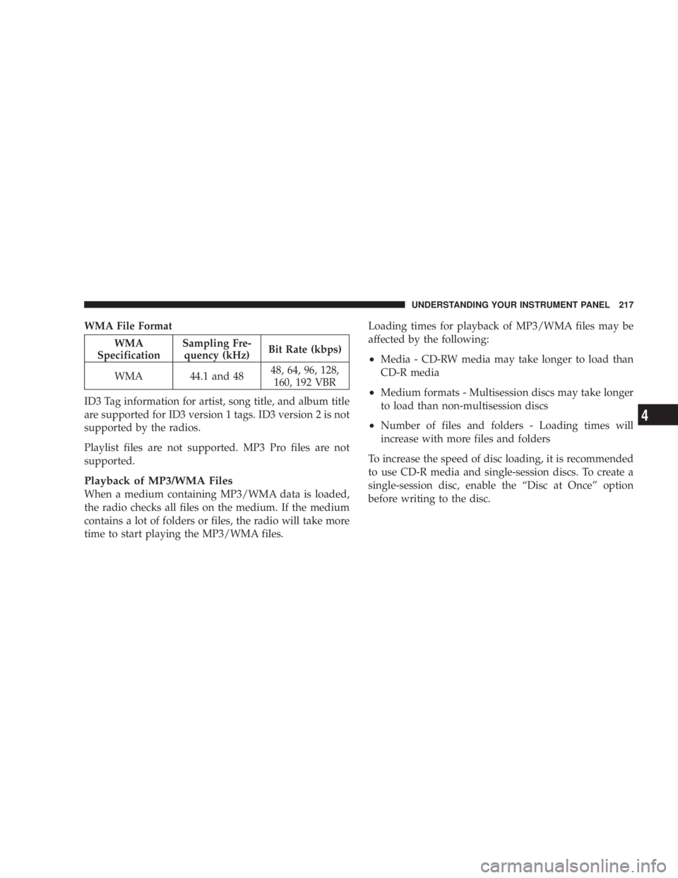 DODGE AVENGER 2008 Owners Manual WMA File Format
WMA
Specification Sampling Fre-
quency (kHz) Bit Rate (kbps)
WMA 44.1 and 48 48, 64, 96, 128,
160, 192 VBR
ID3 Tag information for artist, song title, and album title
are supported for DODGE AVENGER 2008 Owners Manual WMA File Format
WMA
Specification Sampling Fre-
quency (kHz) Bit Rate (kbps)
WMA 44.1 and 48 48, 64, 96, 128,
160, 192 VBR
ID3 Tag information for artist, song title, and album title
are supported for