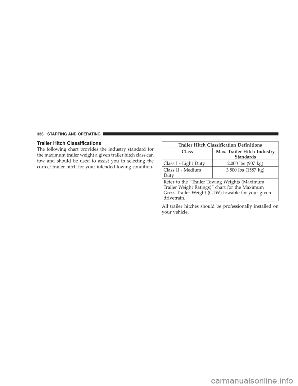 DODGE AVENGER 2008  Owners Manual Trailer Hitch Classifications
The following chart provides the industry standard for
the maximum trailer weight a given trailer hitch class can
tow and should be used to assist you in selecting the
co
