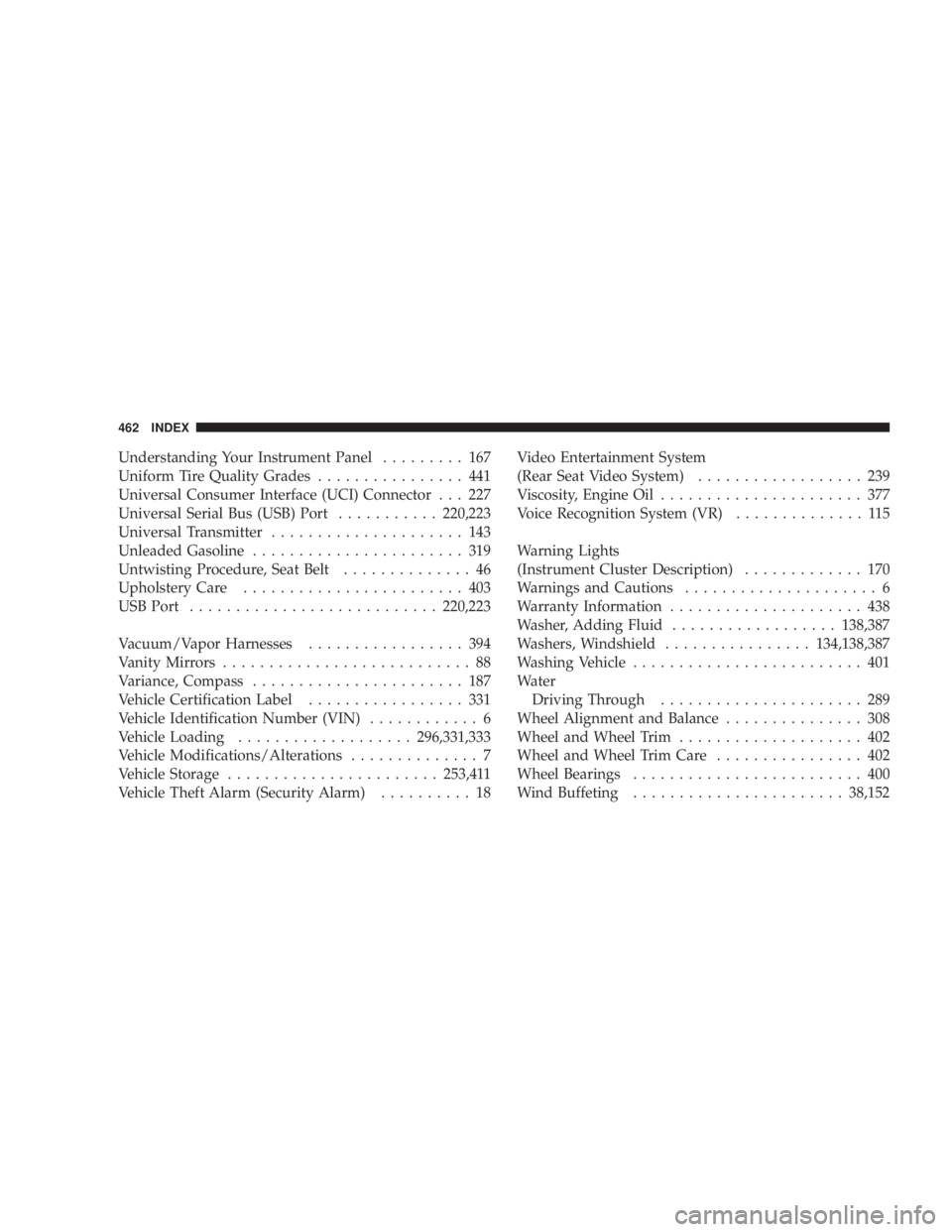 DODGE AVENGER 2008  Owners Manual Understanding Your Instrument Panel ......... 167
Uniform Tire Quality Grades ................ 441
Universal Consumer Interface (UCI) Connector . . . 227
Universal Serial Bus (USB) Port ........... 22