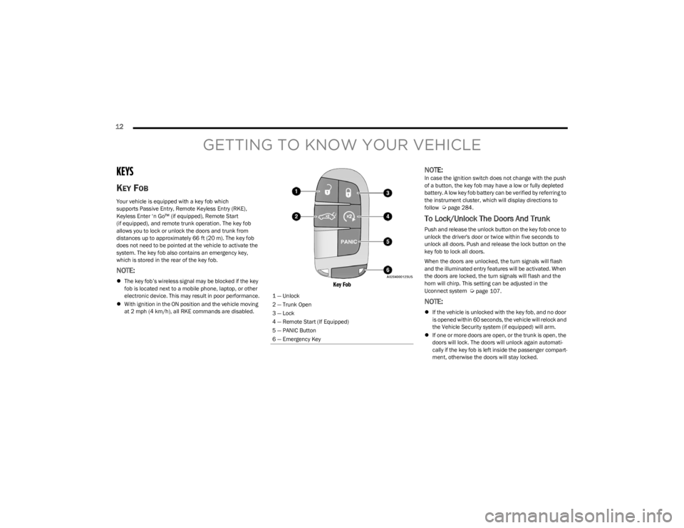 DODGE CHALLENGER 2023 Owners Manual
12
GETTING TO KNOW YOUR VEHICLE
KEYS
KEY FOB
Your vehicle is equipped with a key fob which
supports Passive Entry, Remote Keyless Entry (RKE),
Keyless Enter ‘n Go™ (if equipped), Remote Start DODGE CHALLENGER 2023 Owners Manual
12
GETTING TO KNOW YOUR VEHICLE
KEYS
KEY FOB
Your vehicle is equipped with a key fob which
supports Passive Entry, Remote Keyless Entry (RKE),
Keyless Enter ‘n Go™ (if equipped), Remote Start