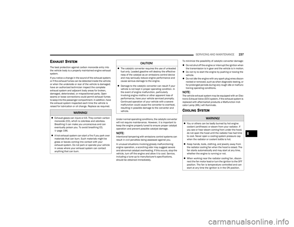 DODGE CHALLENGER 2023  Owners Manual 
SERVICING AND MAINTENANCE237
EXHAUST SYSTEM
The best protection against carbon monoxide entry into 
the vehicle body is a properly maintained engine exhaust 
system.
If you notice a change in the sou