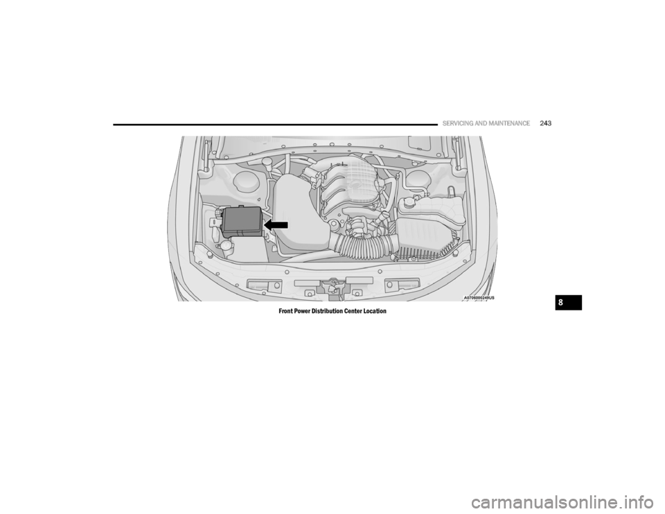 DODGE CHALLENGER 2023 Owners Manual
SERVICING AND MAINTENANCE243
Front Power Distribution Center Location8
23_LA_OM_EN_USC_t.book Page 243 DODGE CHALLENGER 2023 Owners Manual
SERVICING AND MAINTENANCE243
Front Power Distribution Center Location8
23_LA_OM_EN_USC_t.book Page 243