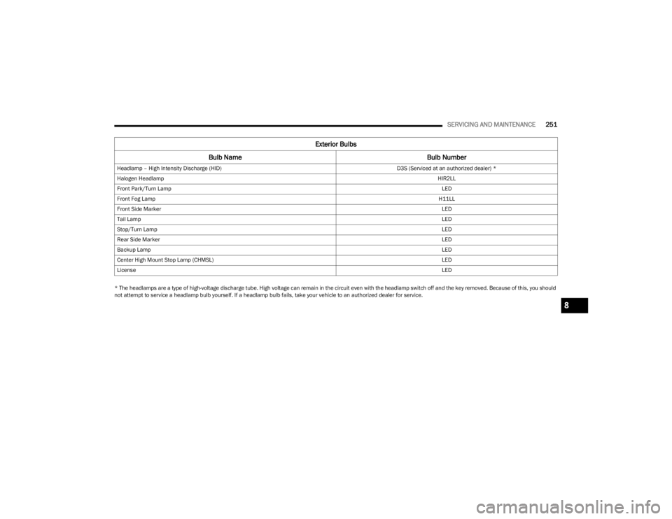 DODGE CHALLENGER 2023  Owners Manual 
SERVICING AND MAINTENANCE251
* The headlamps are a type of high-voltage discharge tube. High voltage can remain in the circuit even with the headlamp switch off and the key removed. Because of this, 