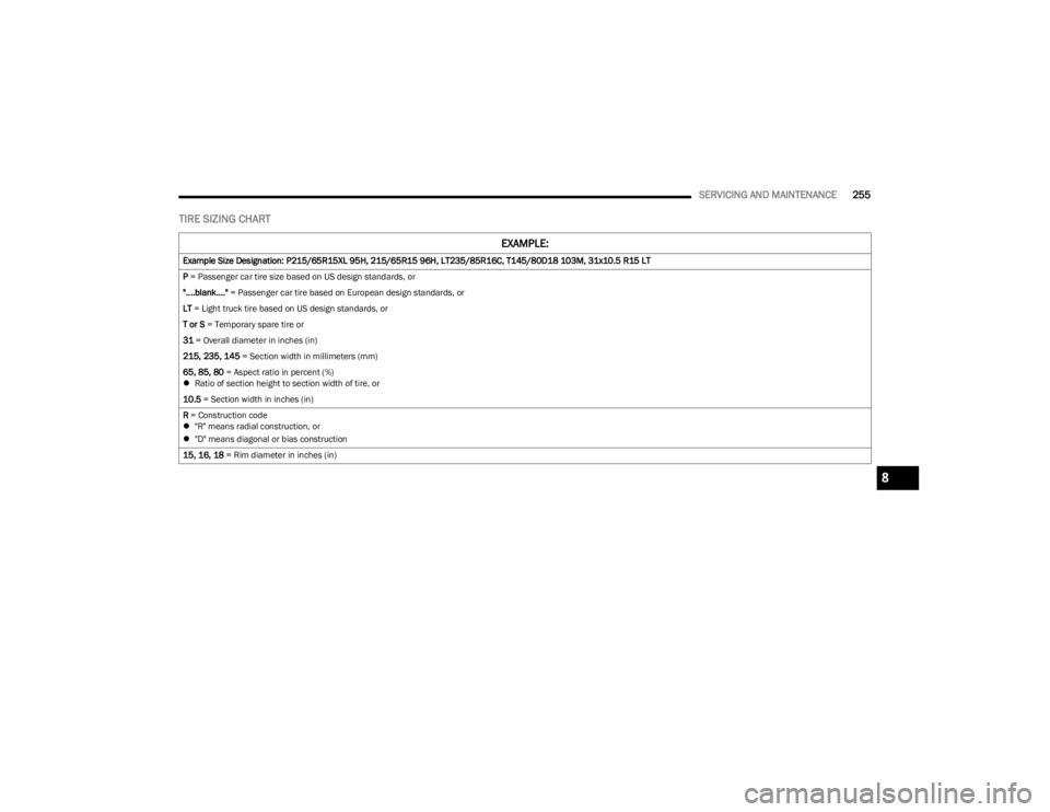 DODGE CHALLENGER 2023 Owners Manual
SERVICING AND MAINTENANCE255
TIRE SIZING CHART
EXAMPLE:
Example Size Designation: P215/65R15XL 95H, 215/65R15 96H, LT235/85R16C, T145/80D18 103M, 31x10.5 R15 LT
P = Passenger car tire size based on DODGE CHALLENGER 2023 Owners Manual
SERVICING AND MAINTENANCE255
TIRE SIZING CHART
EXAMPLE:
Example Size Designation: P215/65R15XL 95H, 215/65R15 96H, LT235/85R16C, T145/80D18 103M, 31x10.5 R15 LT
P = Passenger car tire size based on