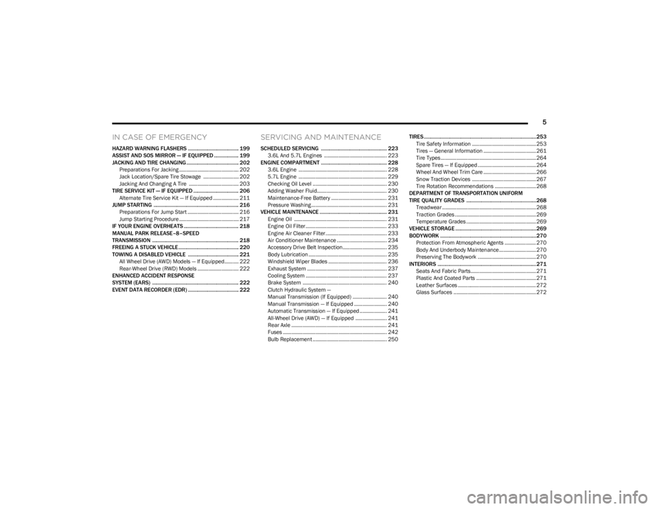 DODGE CHALLENGER 2023  Owners Manual 
5
IN CASE OF EMERGENCY
HAZARD WARNING FLASHERS ..................................... 199
ASSIST AND SOS MIRROR — IF EQUIPPED .................. 199
JACKING AND TIRE CHANGING .......................