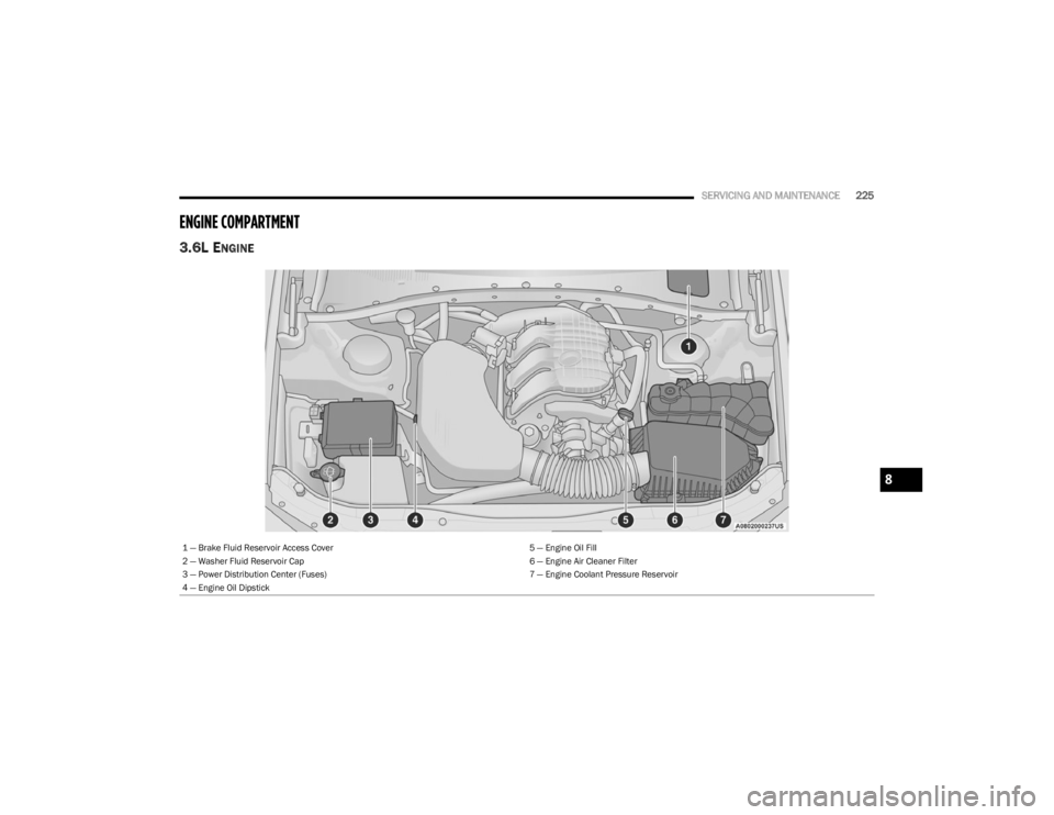 DODGE CHARGER 2023  Owners Manual 
SERVICING AND MAINTENANCE225
ENGINE COMPARTMENT  
3.6L ENGINE 
1 — Brake Fluid Reservoir Access Cover 5 — Engine Oil Fill
2 — Washer Fluid Reservoir Cap 6 — Engine Air Cleaner Filter
3 — Po