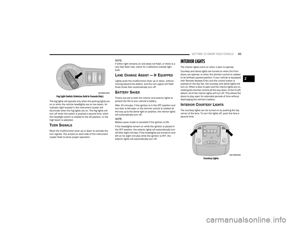 DODGE CHARGER 2023  Owners Manual 
GETTING TO KNOW YOUR VEHICLE43

Fog Light Switch (Vehicles Sold In Canada Only)

The fog lights will operate only when the parking lights are 
on or when the vehicle headlights are on low beam. An 
i