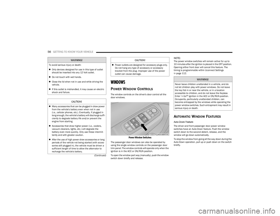 DODGE CHARGER 2023  Owners Manual 
56GETTING TO KNOW YOUR VEHICLE  
(Continued)
WINDOWS 
POWER WINDOW CONTROLS
The window controls on the driver's door control all the 
door windows.

Power Window Switches

The passenger door wind