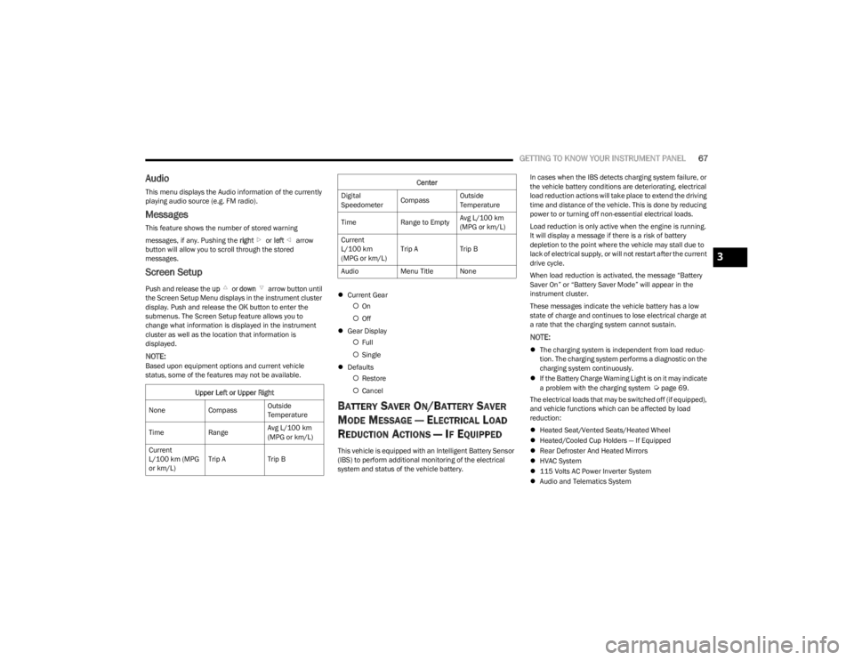 DODGE CHARGER 2023 Repair Manual 
GETTING TO KNOW YOUR INSTRUMENT PANEL67
Audio
This menu displays the Audio information of the currently 
playing audio source (e.g. FM radio).
Messages
This feature shows the number of stored warning