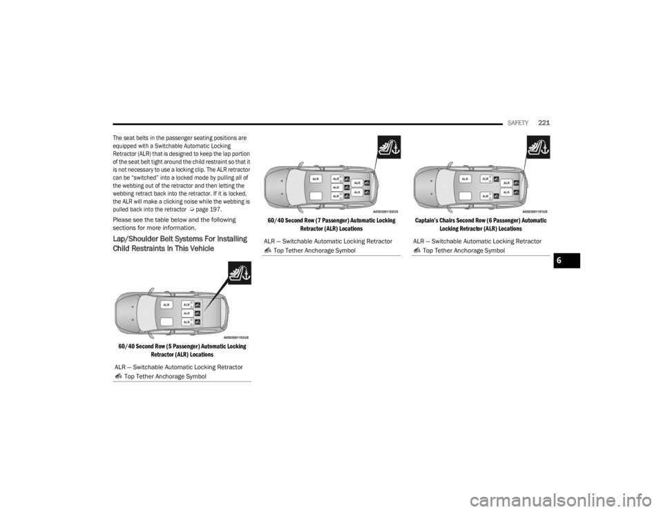 DODGE DURANGO 2023 Service Manual
SAFETY221
The seat belts in the passenger seating positions are
equipped with a Switchable Automatic Locking
Retractor (ALR) that is designed to keep the lap portion
of the seat belt tight around DODGE DURANGO 2023 Service Manual
SAFETY221
The seat belts in the passenger seating positions are
equipped with a Switchable Automatic Locking
Retractor (ALR) that is designed to keep the lap portion
of the seat belt tight around