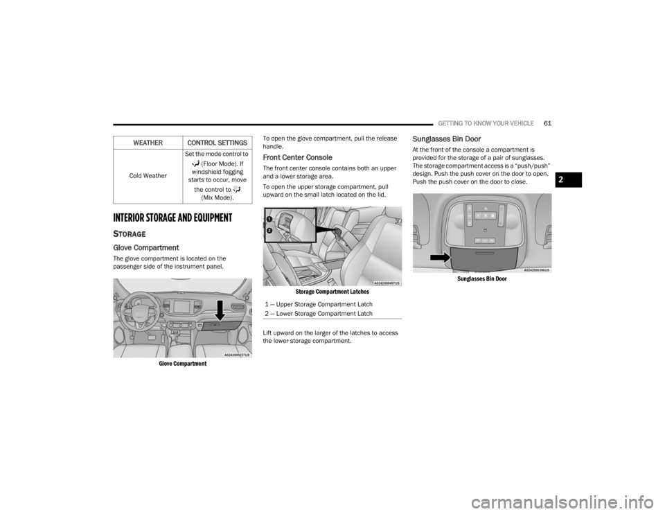 DODGE DURANGO 2023 Repair Manual
GETTING TO KNOW YOUR VEHICLE61
INTERIOR STORAGE AND EQUIPMENT
STORAGE
Glove Compartment
The glove compartment is located on the
passenger side of the instrument panel.
Glove Compartment
To open th DODGE DURANGO 2023 Repair Manual
GETTING TO KNOW YOUR VEHICLE61
INTERIOR STORAGE AND EQUIPMENT
STORAGE
Glove Compartment
The glove compartment is located on the
passenger side of the instrument panel.
Glove Compartment
To open th