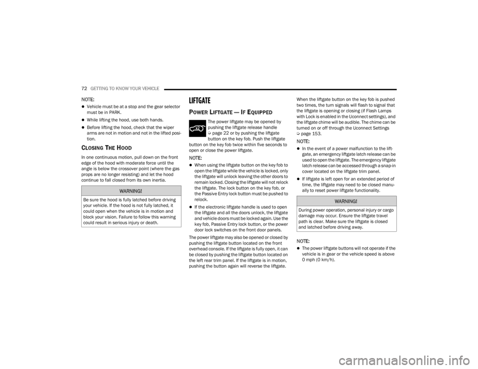 DODGE DURANGO 2023 Manual PDF
72GETTING TO KNOW YOUR VEHICLE
NOTE:
Vehicle must be at a stop and the gear selector
must be in PARK.
While lifting the hood, use both hands.
Before lifting the hood, check that the wiper DODGE DURANGO 2023 Manual PDF
72GETTING TO KNOW YOUR VEHICLE
NOTE:
Vehicle must be at a stop and the gear selector
must be in PARK.
While lifting the hood, use both hands.
Before lifting the hood, check that the wiper