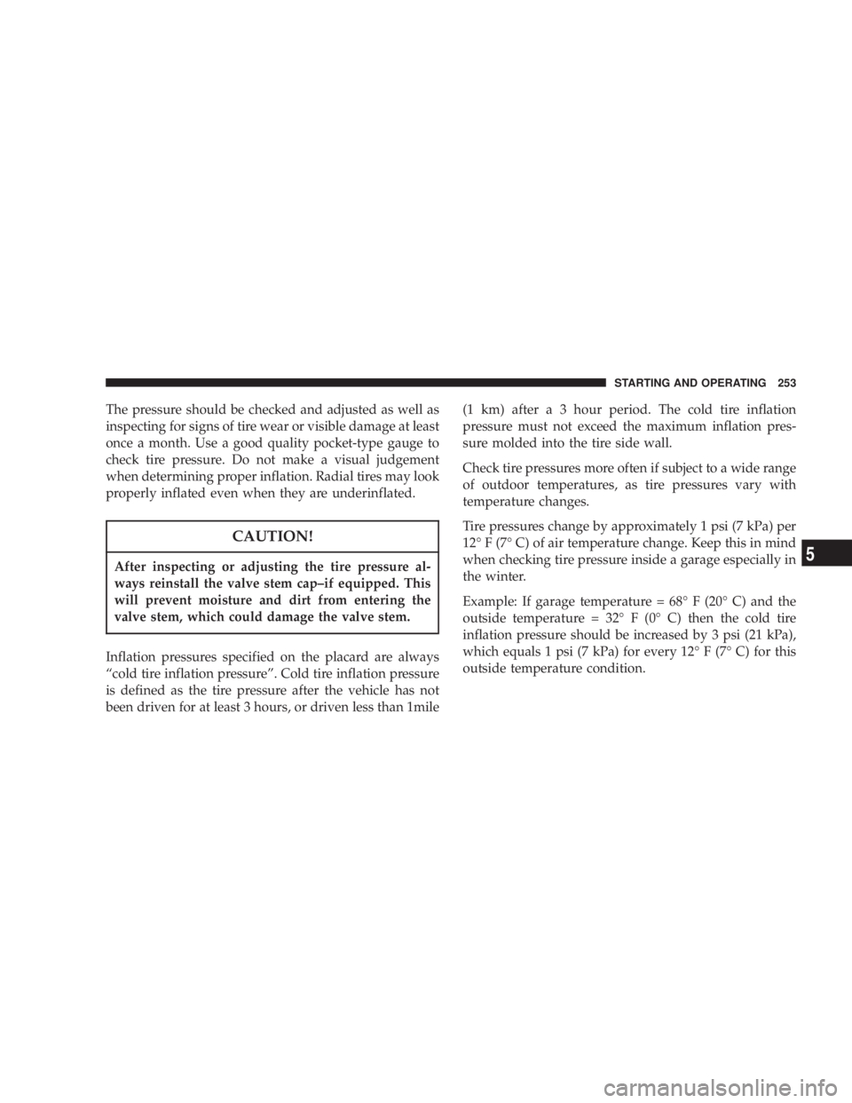 DODGE GRAND CARAVAN 2004 Owners Manual The pressure should be checked and adjusted as well as
inspecting for signs of tire wear or visible damage at least
once a month. Use a good quality pocket-type gauge to
check tire pressure. Do not ma DODGE GRAND CARAVAN 2004 Owners Manual The pressure should be checked and adjusted as well as
inspecting for signs of tire wear or visible damage at least
once a month. Use a good quality pocket-type gauge to
check tire pressure. Do not ma