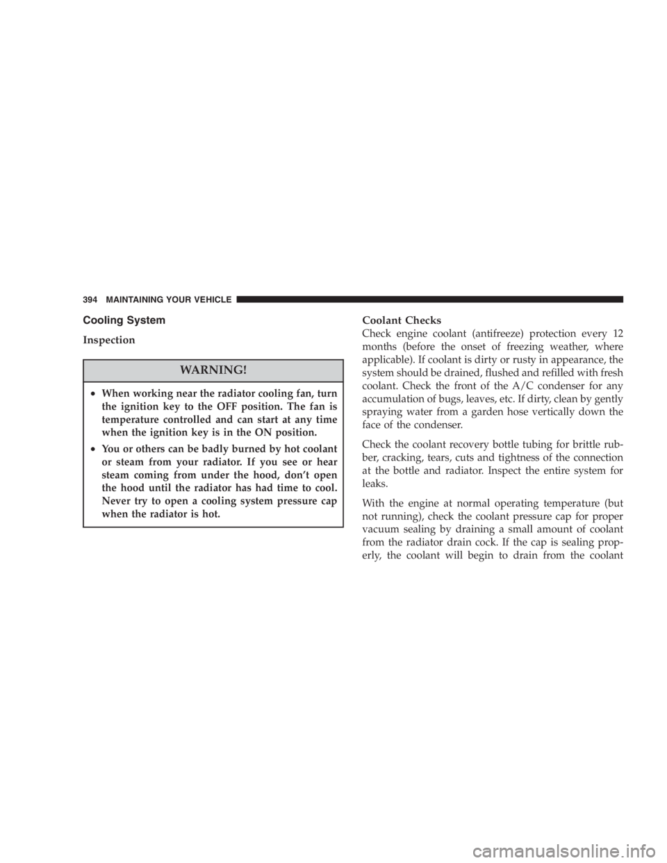 DODGE GRAND CARAVAN 2005  Owners Manual Cooling System
Inspection
WARNING!• When working near the radiator cooling fan, turn
the ignition key to the OFF position. The fan is
temperature controlled and can start at any time
when the igniti