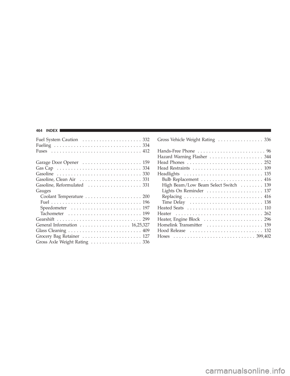DODGE GRAND CARAVAN 2005 Owners Manual Fuel System Caution ..................... 332
Fueling ............................... 334
Fuses ................................ 412
Garage Door Opener ..................... 159
GasCap ............... DODGE GRAND CARAVAN 2005 Owners Manual Fuel System Caution ..................... 332
Fueling ............................... 334
Fuses ................................ 412
Garage Door Opener ..................... 159
GasCap ...............