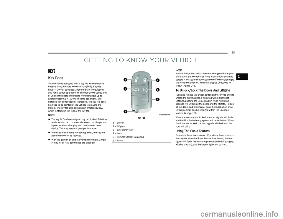 DODGE HORNET 2023  Owners Manual 
13
GETTING TO KNOW YOUR VEHICLE
KEYS 
KEY FOBS 
Your vehicle is equipped with a key fob which supports 
Passive Entry, Remote Keyless Entry (RKE), Keyless 
Enter ‘n Go™ (if equipped), Remote Star