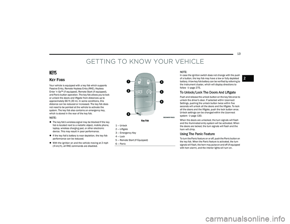 DODGE HORNET 2023 User Guide
13
GETTING TO KNOW YOUR VEHICLE
KEYS
KEY FOBS
Your vehicle is equipped with a key fob which supports
Passive Entry, Remote Keyless Entry (RKE), Keyless
Enter ‘n Go™ (if equipped), Remote Star DODGE HORNET 2023 User Guide
13
GETTING TO KNOW YOUR VEHICLE
KEYS
KEY FOBS
Your vehicle is equipped with a key fob which supports
Passive Entry, Remote Keyless Entry (RKE), Keyless
Enter ‘n Go™ (if equipped), Remote Star