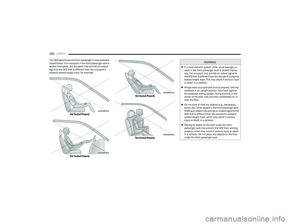 DODGE HORNET 2023 Owners Manual
180SAFETY
The OCS determines the front passenger’s most probable
classification. If an occupant in the front passenger seat is
seated improperly, the occupant may provide an output
signal to t DODGE HORNET 2023 Owners Manual
180SAFETY
The OCS determines the front passenger’s most probable
classification. If an occupant in the front passenger seat is
seated improperly, the occupant may provide an output
signal to t