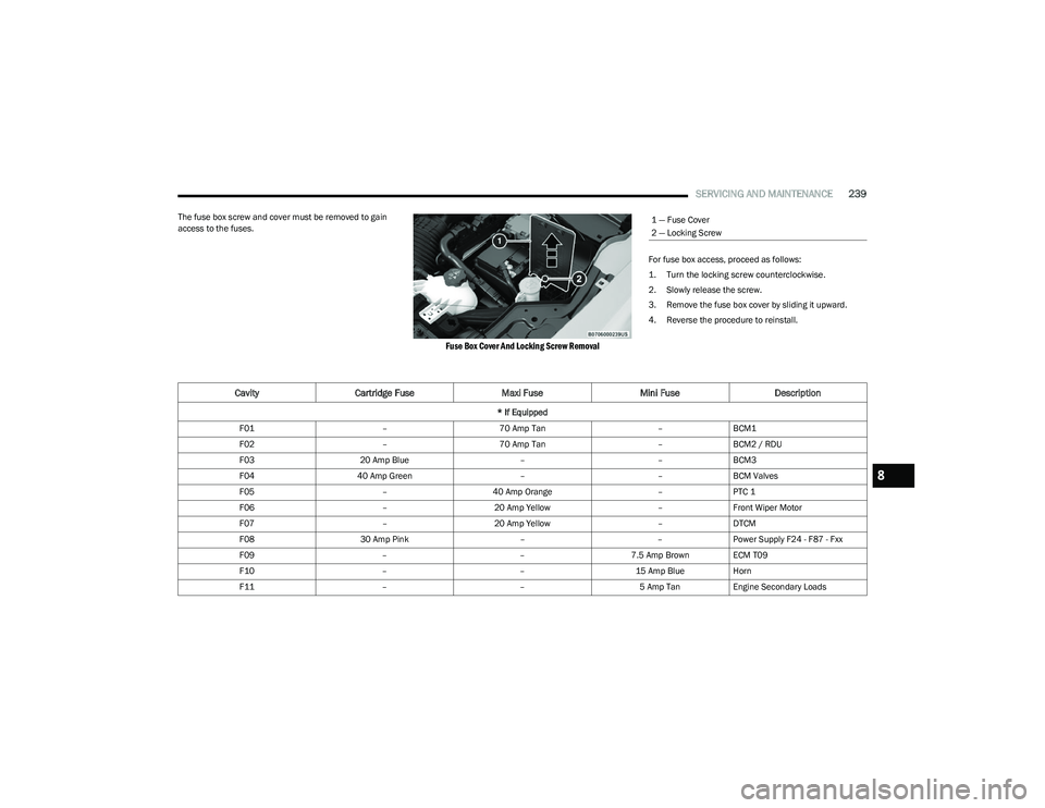 DODGE HORNET 2023  Owners Manual 
SERVICING AND MAINTENANCE239
The fuse box screw and cover must be removed to gain 
access to the fuses.

Fuse Box Cover And Locking Screw Removal

For fuse box access, proceed as follows:

1. Turn th