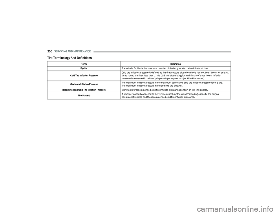 DODGE HORNET 2023 Owners Manual
250SERVICING AND MAINTENANCE
Tire Terminology And Definitions
Term Definition
B-pillarThe vehicle B-pillar is the structural member of the body located behind the front door.
Cold Tire Inflation Pr DODGE HORNET 2023 Owners Manual
250SERVICING AND MAINTENANCE
Tire Terminology And Definitions
Term Definition
B-pillarThe vehicle B-pillar is the structural member of the body located behind the front door.
Cold Tire Inflation Pr