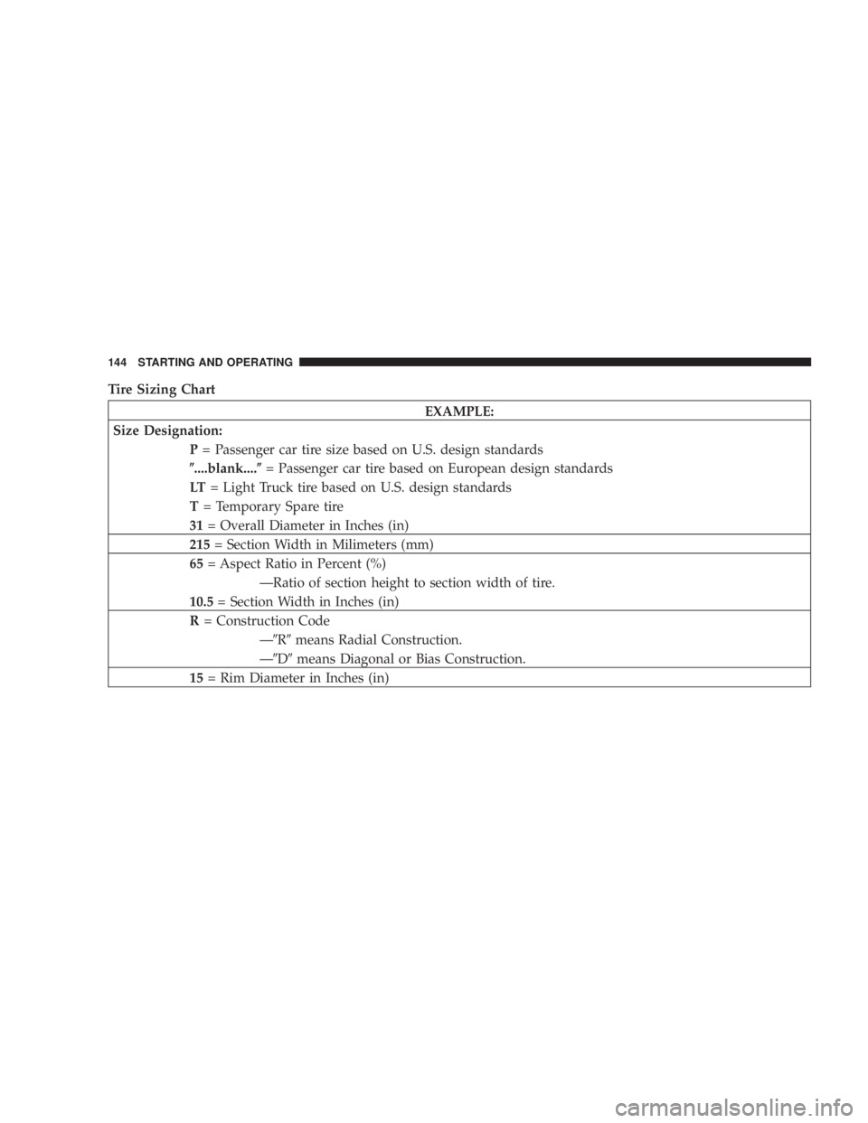 DODGE STRATUS SEDAN 2004  Owners Manual Tire Sizing Chart
EXAMPLE:
Size Designation:
P= Passenger car tire size based on U.S. design standards
(....blank....(= Passenger car tire based on European design standards
LT= Light Truck tire based