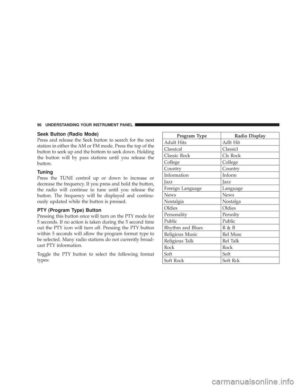 DODGE STRATUS SEDAN 2004  Owners Manual Seek Button (Radio Mode)
Press and release the Seek button to search for the next
station in either the AM or FM mode. Press the top of the
button to seek up and the bottom to seek down. Holding
the b